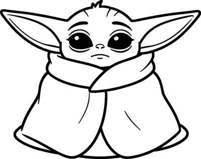 Grogu bundled up in a big soft blanket with only his head and huge ears peeking out, looking sleepy and calm.