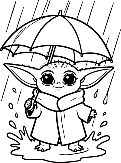 Grogu holding an umbrella and splashing in a puddle while rain falls around him, wearing his robe and smiling.