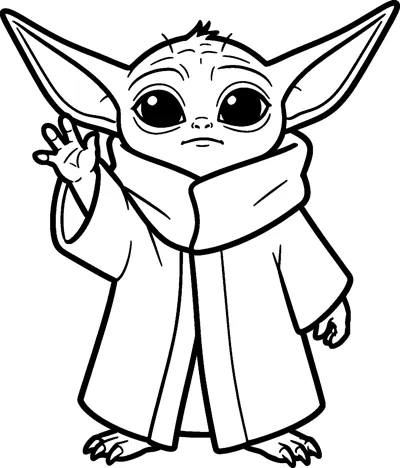 Grogu raising one small hand high as if using the Force, wearing his robe with a wide collar and a serious face.