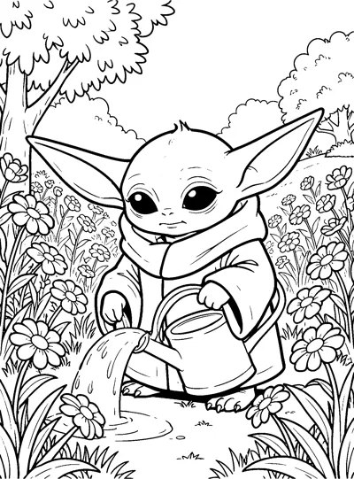 Grogu pouring water from a big watering can onto a garden full of daisies, tall grass and leafy trees.