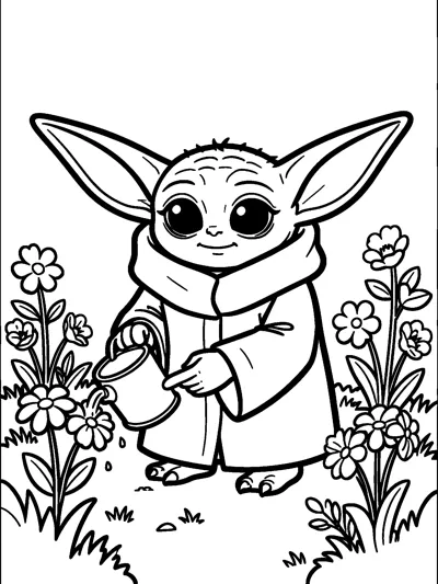 Grogu standing among tall flowers and grass, tipping a small watering can to water the blooms in a garden.