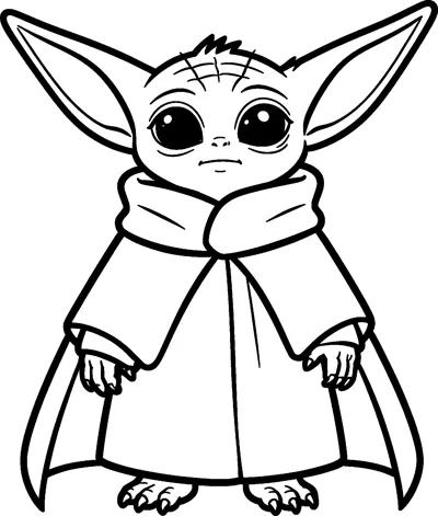 Grogu standing tall in his robe with a flowing superhero cape behind him, hands at his sides and big ears out.