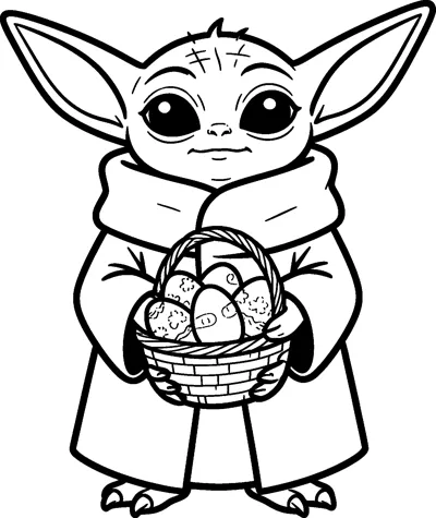 Grogu holding a woven basket filled with decorated Easter eggs, wearing his robe and a happy, calm expression.