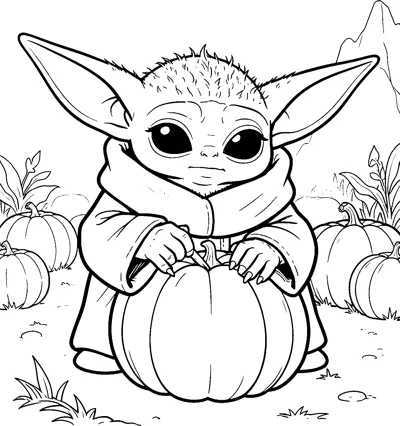 Grogu holding a large round pumpkin in a pumpkin patch, surrounded by more pumpkins, leafy plants and a rocky hill.