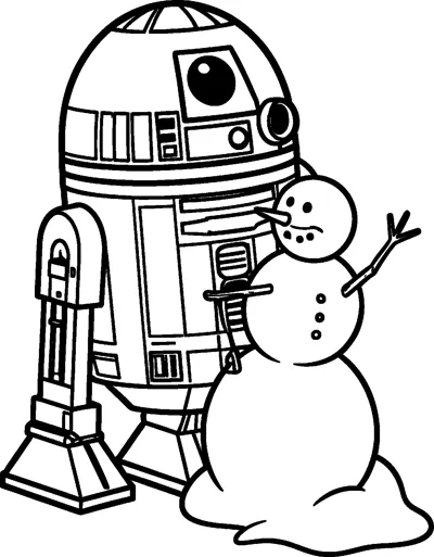 R2-D2 standing beside a round snowman with stick arms, button eyes and a carrot nose, helping to finish it.