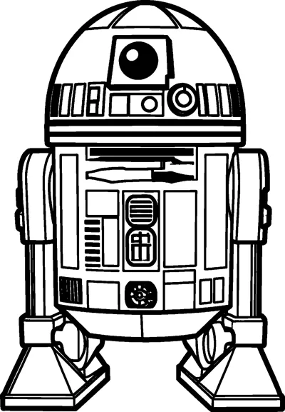 R2-D2 the astromech droid standing on his two side legs, with his round dome head, single eye lens and detailed body panels.