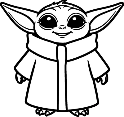 Baby Grogu smiling happily with his huge pointed ears, big round eyes and a long robe with a wide collar.