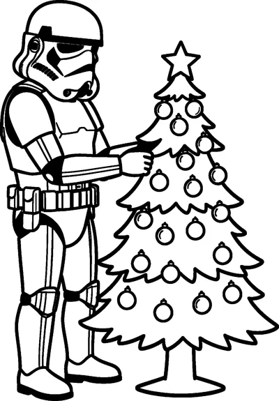 A stormtrooper in white armour reaching out to decorate a Christmas tree covered in round baubles with a star on top.