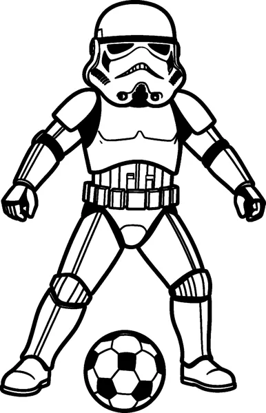 A stormtrooper in full white armour standing with legs apart, ready to kick a soccer ball on the ground.