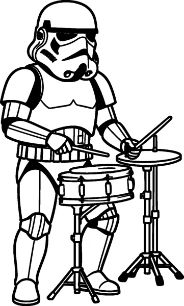 A stormtrooper in armour playing a snare drum and cymbal with drumsticks, standing behind the drum stands.