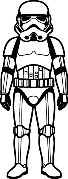 A stormtrooper standing straight at attention in full armour, with a rounded helmet, chest plate, utility belt and knee guards.