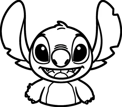 A close-up drawing of Stitch's head and shoulders with giant notched ears, big dark eyes and a cheerful grin.