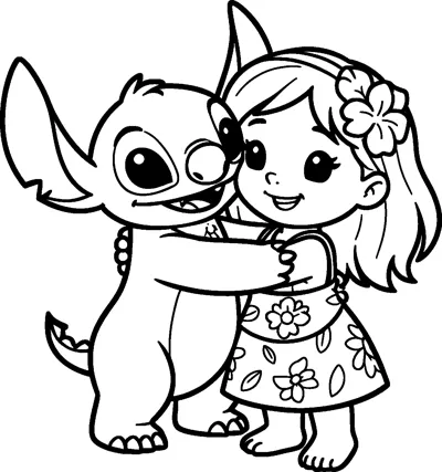 An outline drawing of Stitch and Lilo hugging each other tightly, with Lilo wearing a flower in her hair and a flowery dress.