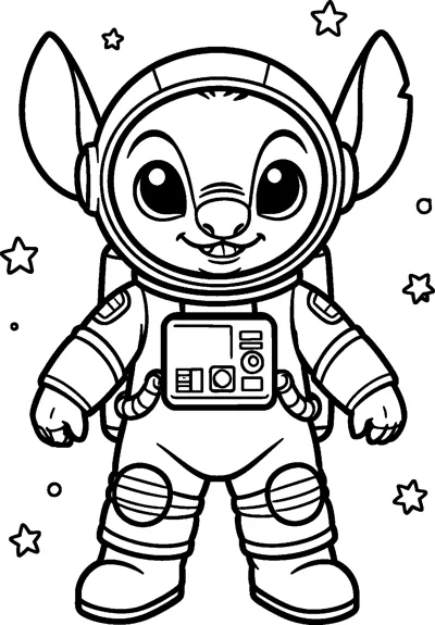 An outline drawing of Stitch in an astronaut suit and round helmet, with his big ears sticking out and stars around him.