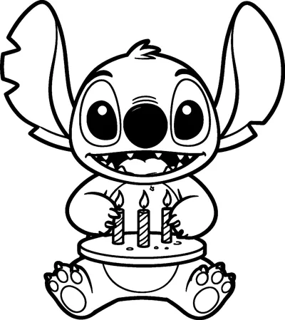 A drawing of Stitch sitting behind a round birthday cake with three lit candles, mouth open ready to blow.