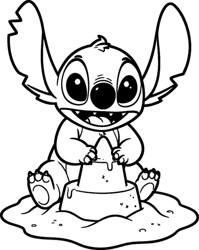 A drawing of Stitch sitting on a sandy patch and patting the top of a two-tier sandcastle with both paws.