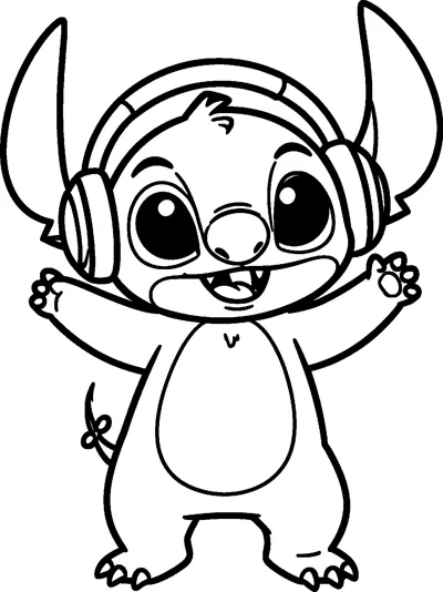 A drawing of Stitch wearing big headphones and dancing with both arms thrown up and a huge smile.