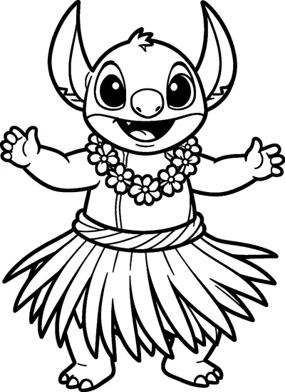 An outline drawing of Stitch dancing the hula in a long grass skirt, wearing a flower lei with his arms stretched out.