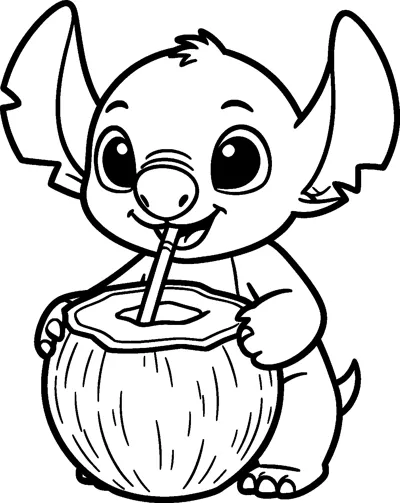 An outline drawing of Stitch hugging a big coconut and sipping from it through a straw with a happy smile.
