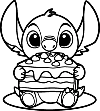 An outline drawing of Stitch sitting on a plate and biting into a huge layered slice of cake topped with icing and berries.