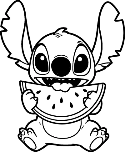 A drawing of Stitch sitting down and taking a big bite from a large slice of watermelon.