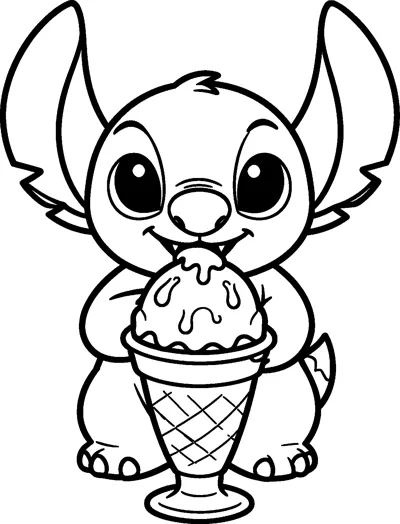 A drawing of Stitch holding a tall ice cream sundae in a glass and taking a big bite of the dripping scoop.