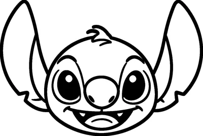 A large outline drawing of Stitch's face with wide ears, round eyes, a big nose and a toothy grin.
