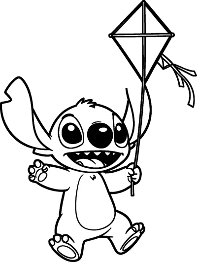 A drawing of Stitch leaping with joy while holding the string of a diamond kite with a ribbon tail.