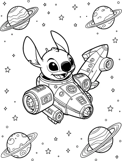 A detailed drawing of Stitch grinning from the cockpit of a small spaceship surrounded by ringed planets and stars.