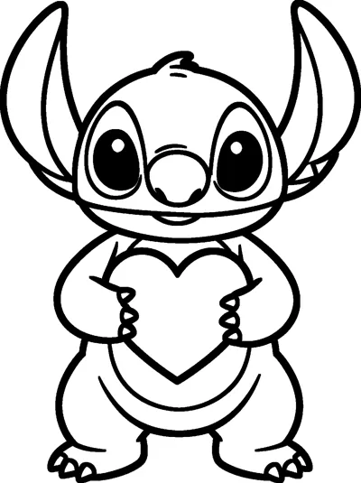 A simple outline drawing of Stitch standing and holding a large heart in front of his tummy with both hands.