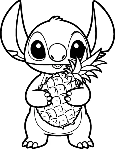 An outline drawing of Stitch standing and hugging a large pineapple with spiky leaves against his chest.