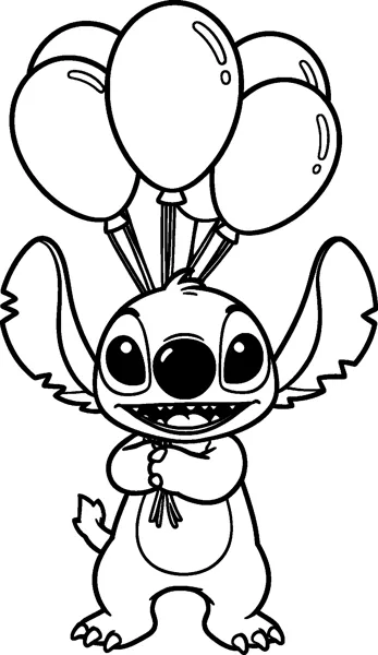 A drawing of Stitch smiling and holding the strings of four big balloons floating above his head.