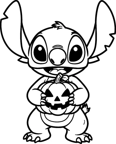 A drawing of Stitch standing and grinning while holding a carved jack-o-lantern pumpkin with a toothy face.