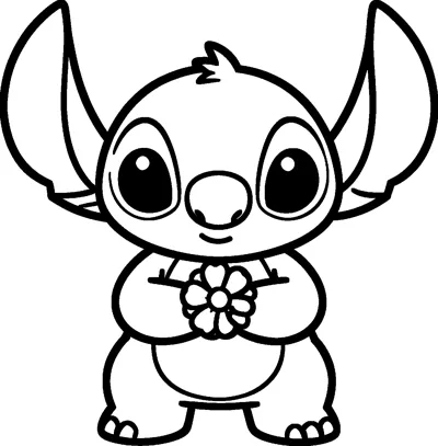 A simple outline drawing of Stitch standing with a small smile, holding a round flower in both hands against his chest.