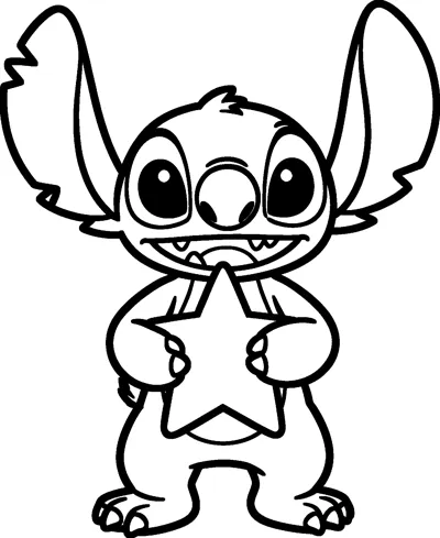 A drawing of Stitch standing with a big grin and holding a large five-pointed star in both paws.