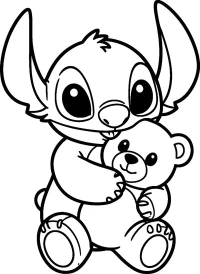 An outline drawing of Stitch sitting down and hugging a small teddy bear close, with his tongue poking out happily.