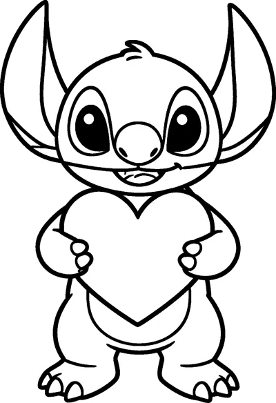 A drawing of Stitch standing and holding a large heart shape in front of his belly with both paws.