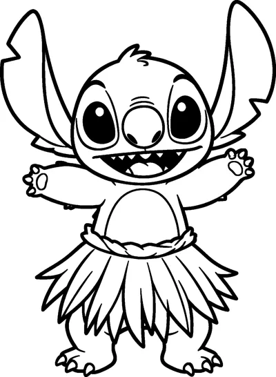 A drawing of Stitch dancing the hula in a grass skirt with both arms stretched out and his big ears raised.