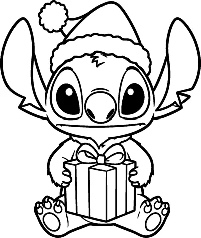 A drawing of Stitch sitting in a fluffy Santa hat and holding a wrapped present tied with a bow.
