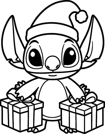 An outline drawing of Stitch wearing a Santa hat with a pom-pom and resting his paws on two wrapped presents.