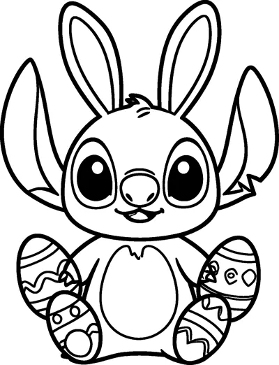 A drawing of Stitch wearing a bunny ear headband and sitting among four patterned Easter eggs.