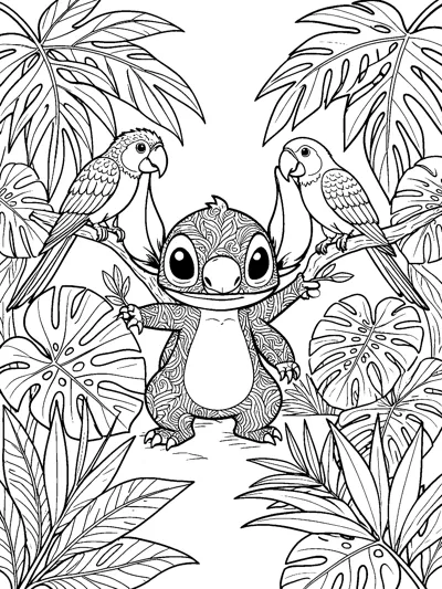 A detailed drawing of Stitch covered in swirl patterns standing among big tropical leaves with two parrots perched beside him.