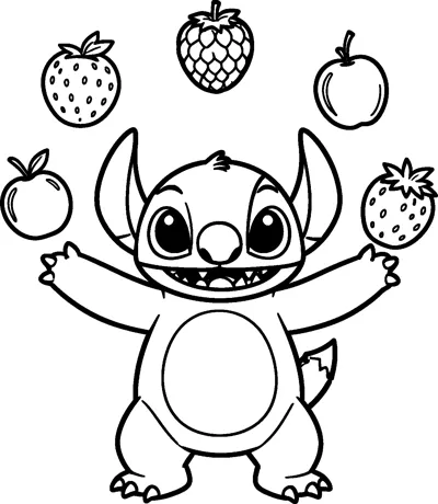 An outline drawing of Stitch grinning with his arms spread wide while strawberries and apples fly through the air above him.