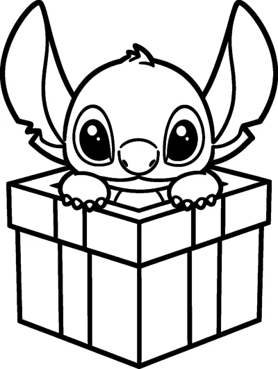 A drawing of Stitch peeking out of an open gift box with his paws on the edge and his big ears raised.
