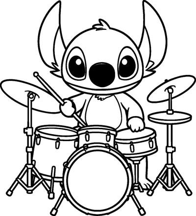 A drawing of Stitch sitting behind a full drum kit with cymbals, holding a drumstick and ready to play.