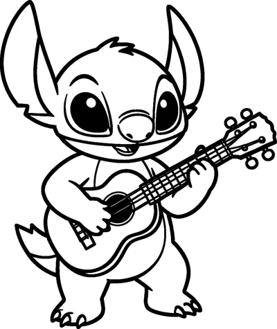 An outline drawing of Stitch standing on two feet, strumming a small ukulele with a wide grin and his tail showing.