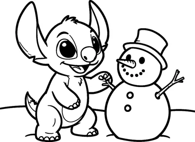 An outline drawing of Stitch standing in the snow and reaching out to a smiling snowman wearing a top hat.