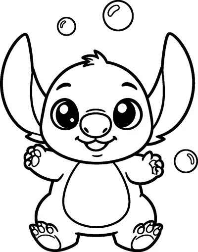 An outline drawing of Stitch standing with his paws raised and a happy smile, surrounded by floating round bubbles.