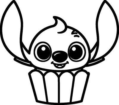 A simple drawing of Stitch's head and big ears popping out of the top of a cupcake wrapper.