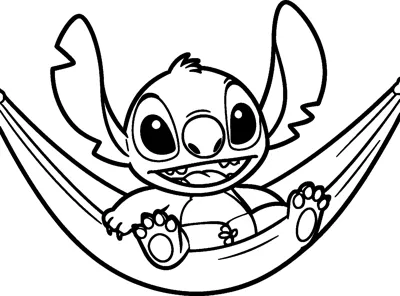 A drawing of Stitch lounging in a hammock with his feet up and a big relaxed grin on his face.